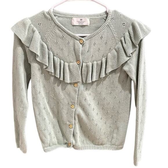H&M Green Button Down Ruffle Pointelle Cardigan, VGUC, Sz 8-10 (134-140cm) (8B) - Picture 1 of 4